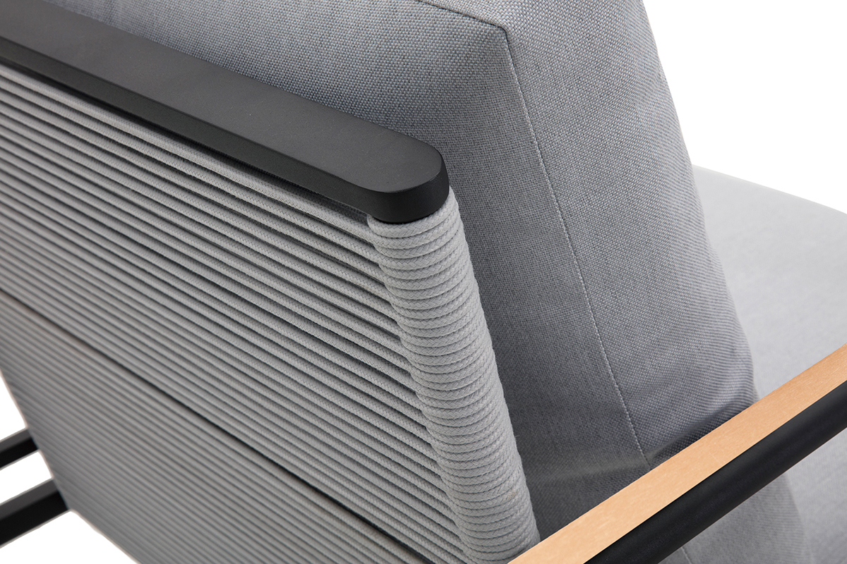 Salotto da giardino in alluminio nero, corda e tessuto grigio chiaro USHUAIA