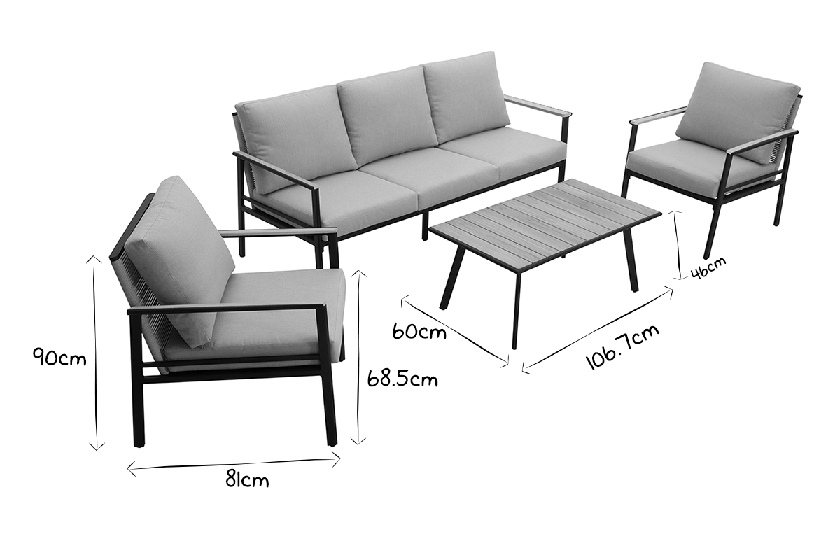 Salotto da giardino in alluminio nero, corda e tessuto grigio chiaro USHUAIA