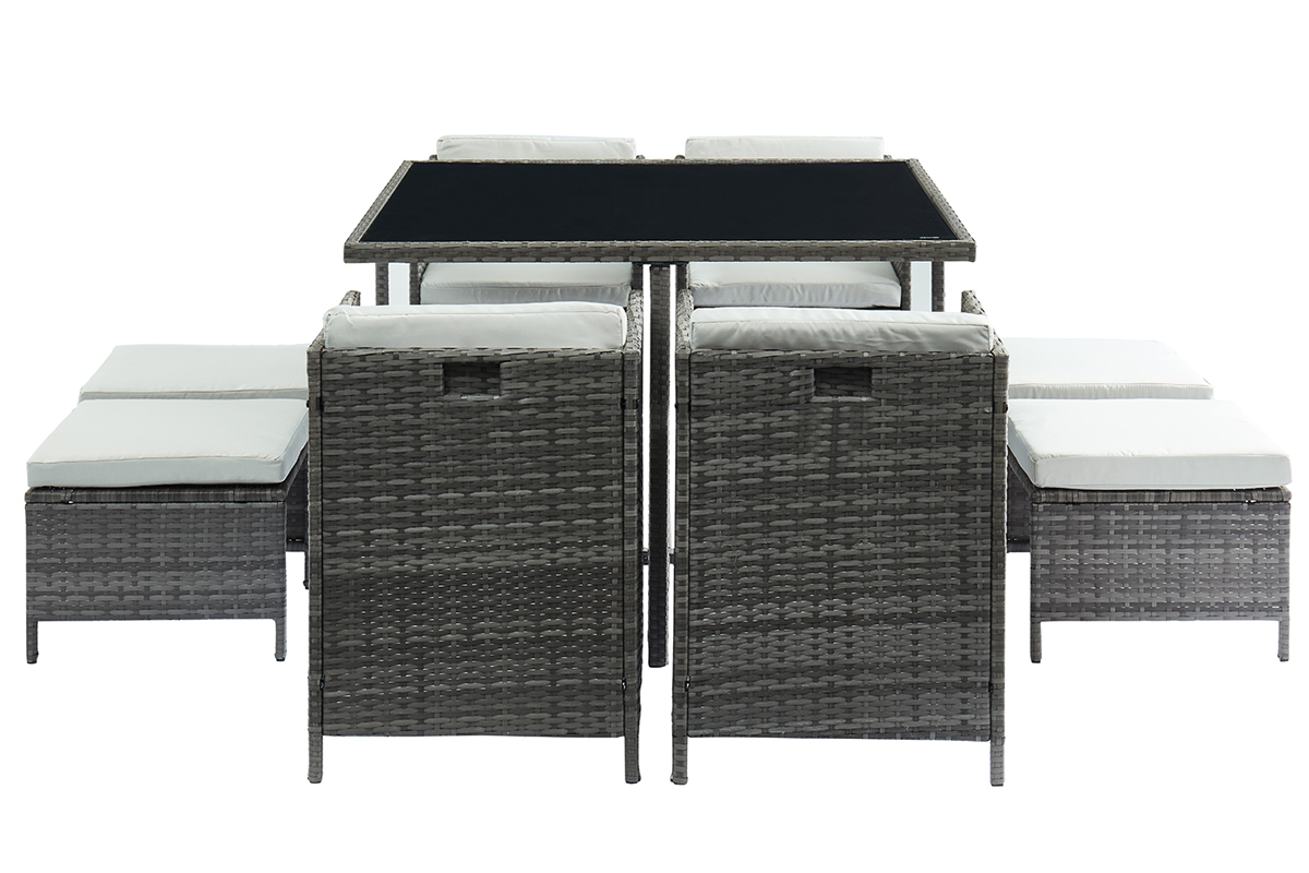 Salotto da giardino in resina intrecciata grigio con tavolo, poltrone e pouf CORDOBA