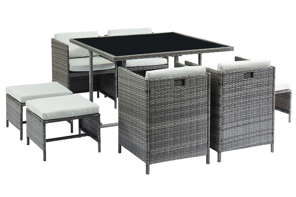 Salotto da giardino in resina intrecciata grigio con tavolo, poltrone e pouf CORDOBA