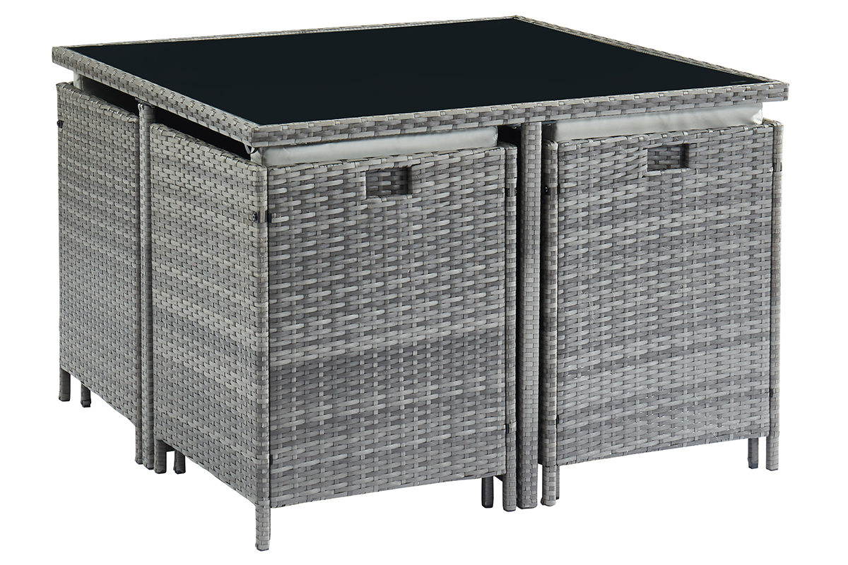 Salotto da giardino in resina intrecciata grigio con tavolo, poltrone e pouf CORDOBA