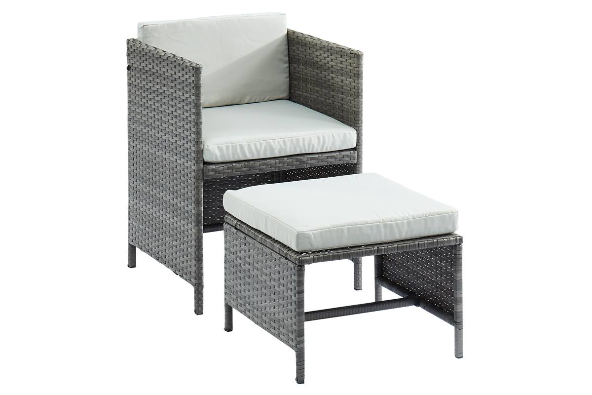 Salotto da giardino in resina intrecciata grigio con tavolo, poltrone e pouf CORDOBA
