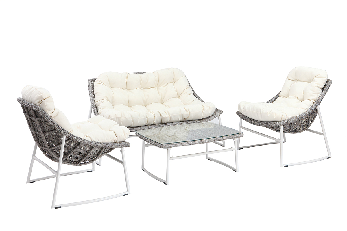 Salotto da giardino in resina intrecciata grigio e bianco con tavolino basso modello COMFY