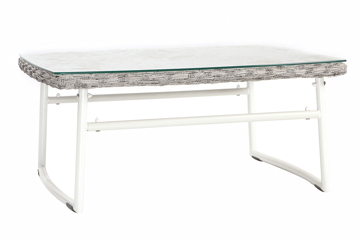 Salotto da giardino in resina intrecciata grigio e bianco con tavolino basso modello COMFY
