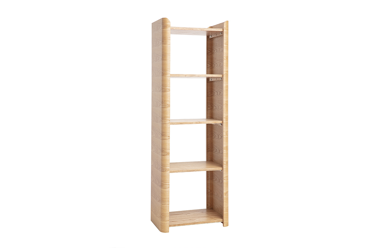 Scaffale in legno chiaro di frassino L46 cm con quattro ripiani, vista a 3/4.