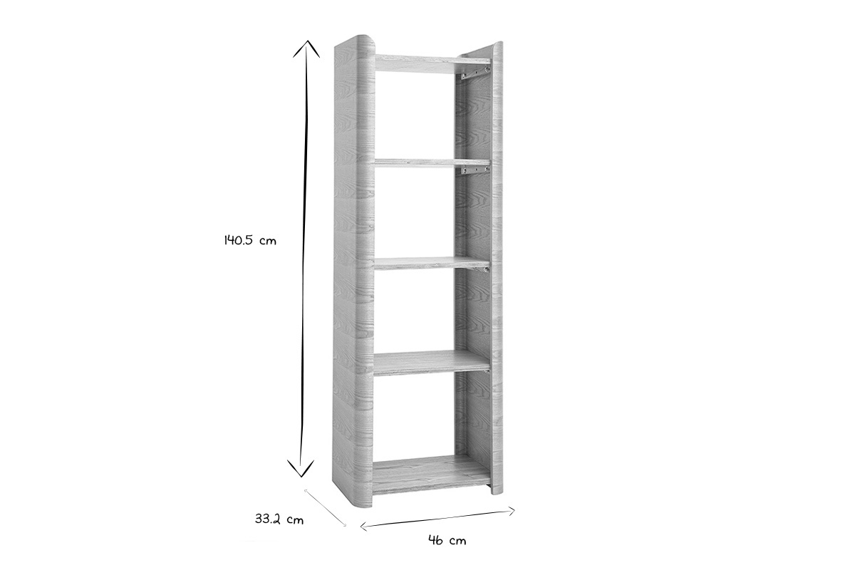 Dimensioni della scaffalatura NAHIA: altezza 140,5 cm, larghezza 46 cm, profondit� 33,2 cm in nero e bianco.