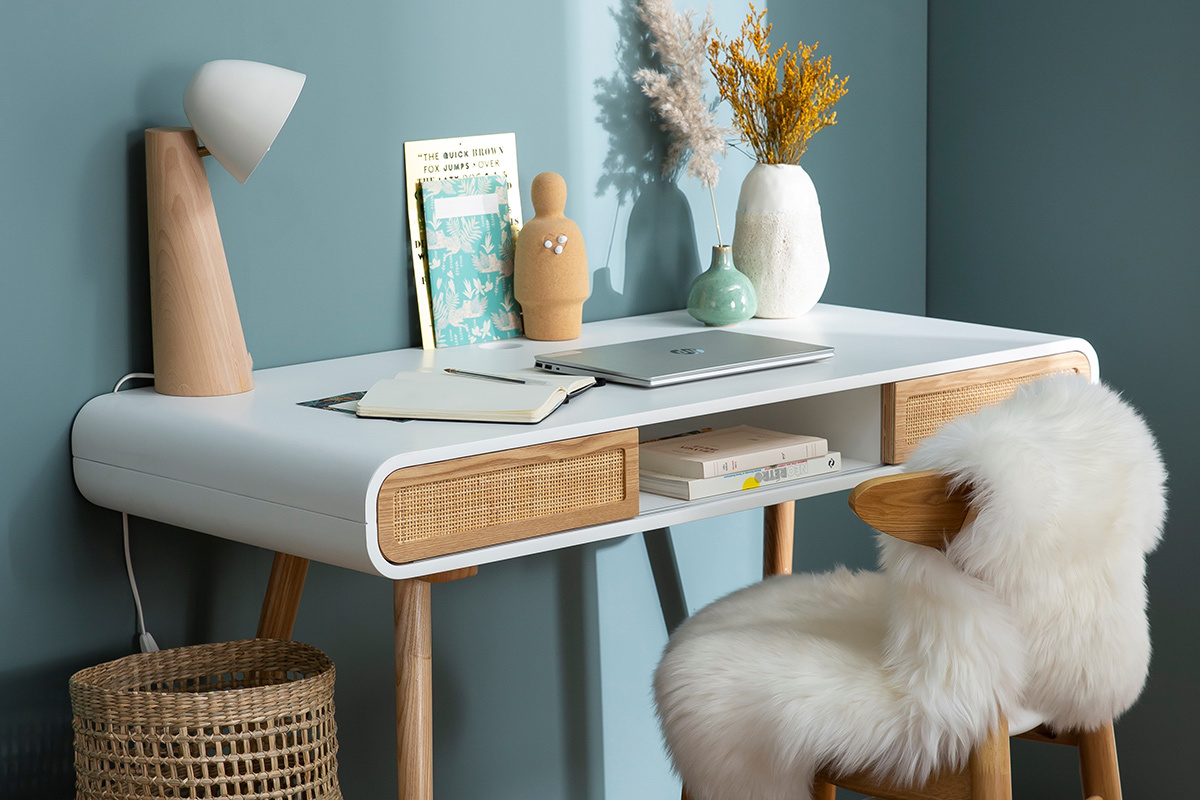 Scrivania con ante scorrevoli e rattan incannuciato L120 cm OLYMPE