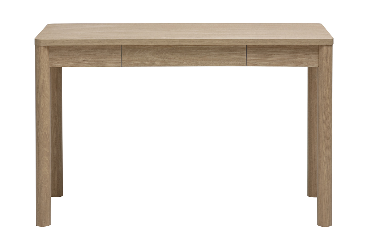 Scrivania con cassetto finitura in legno chiaro rovere, vista frontale, dimensioni L120 x P50 x H75,5 cm.