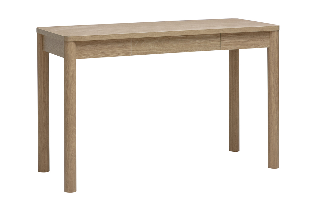 Bureau IZZIE con cassetto, finitura in legno chiaro rovere, vista a 3/4.