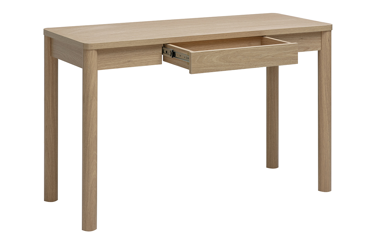 Scrivania IZZIE in legno chiaro con cassetto, vista a tre quarti, dimensioni L120 cm.