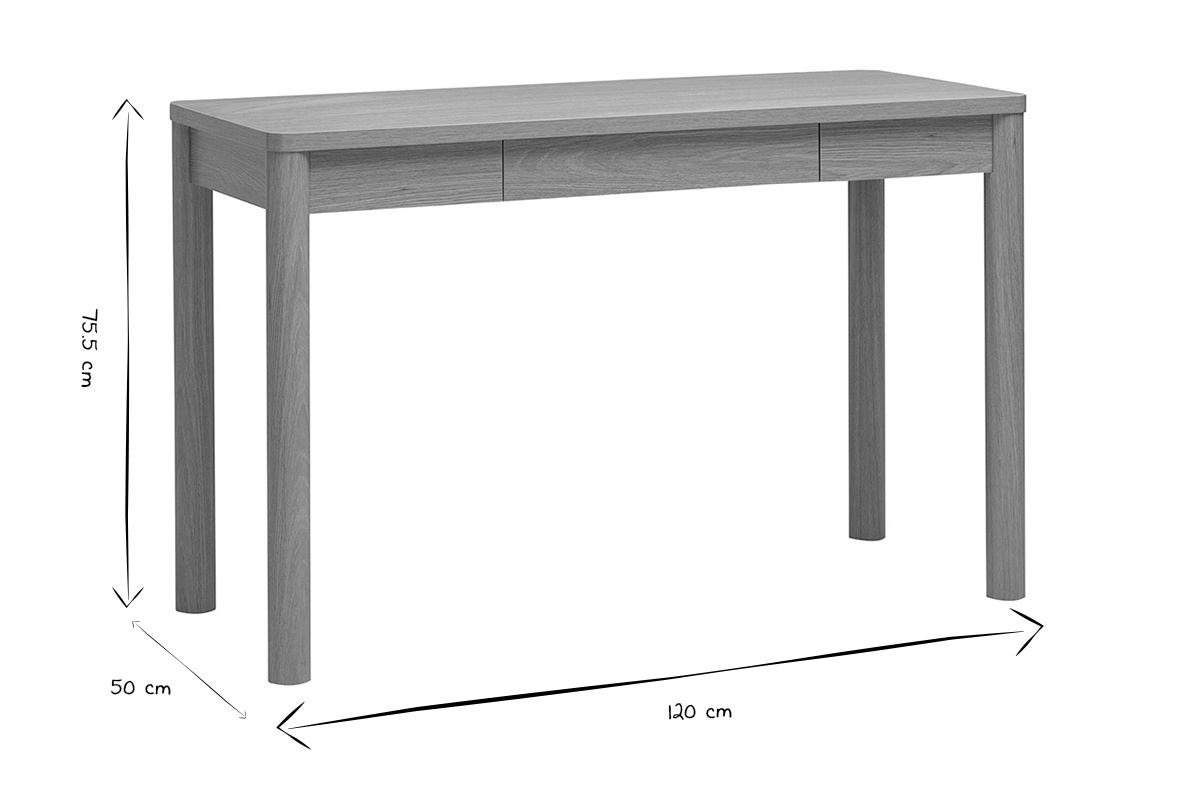 Misure della scrivania IZZIE: L120 x P50 x H75,5 cm, vista frontale in bianco e nero.