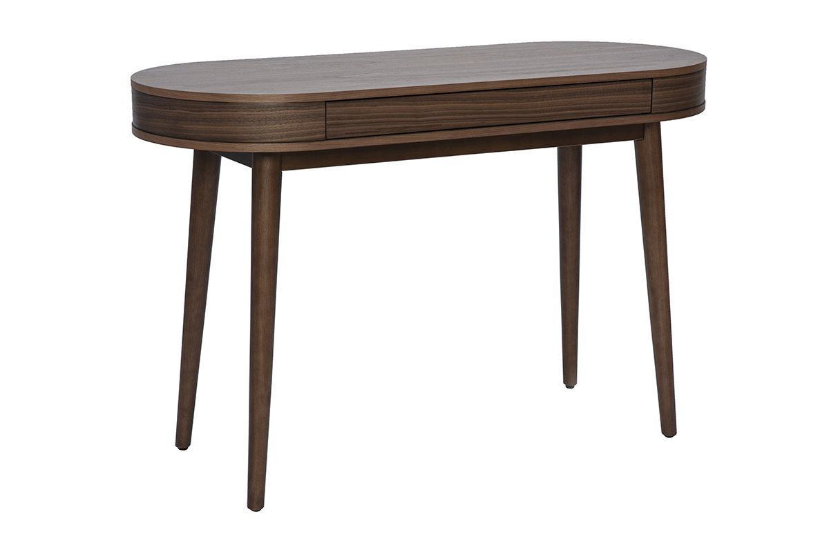 Scrivania in legno scuro con cassetto, piano ovale e gambe affusolate, vista 3/4.