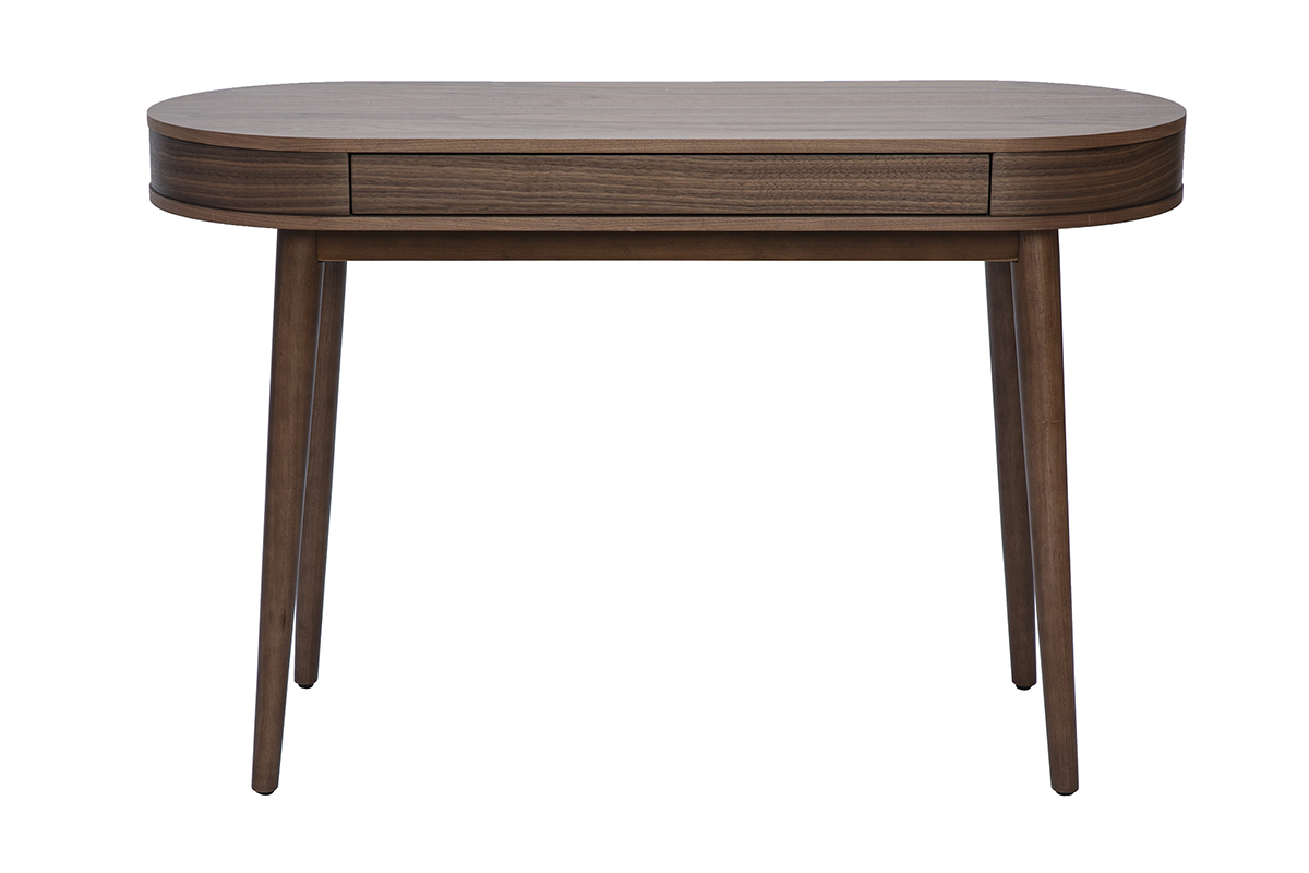 Scrivania in legno scuro L120 cm con cassetto, vista frontale, gambe affusolate.