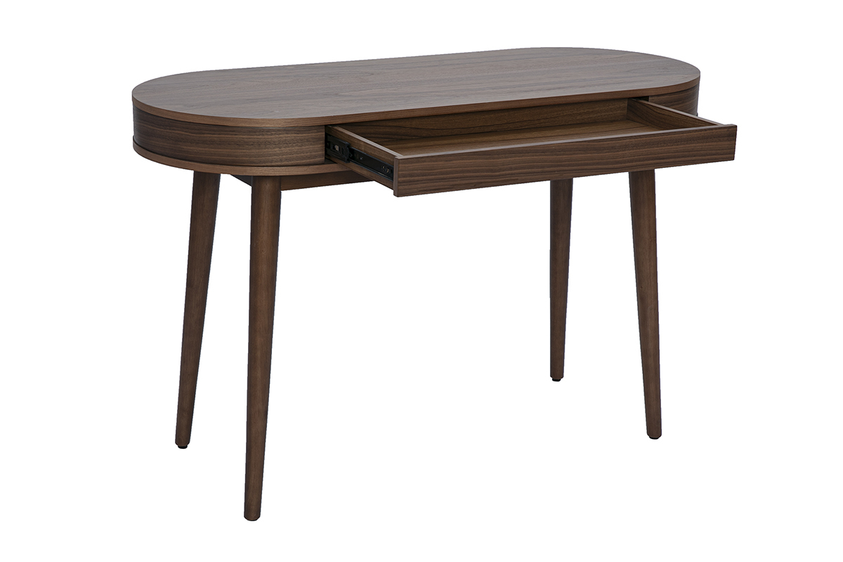 Scrivania in legno scuro JUDITH con cassetto aperto, gambe affusolate vista da 3/4.