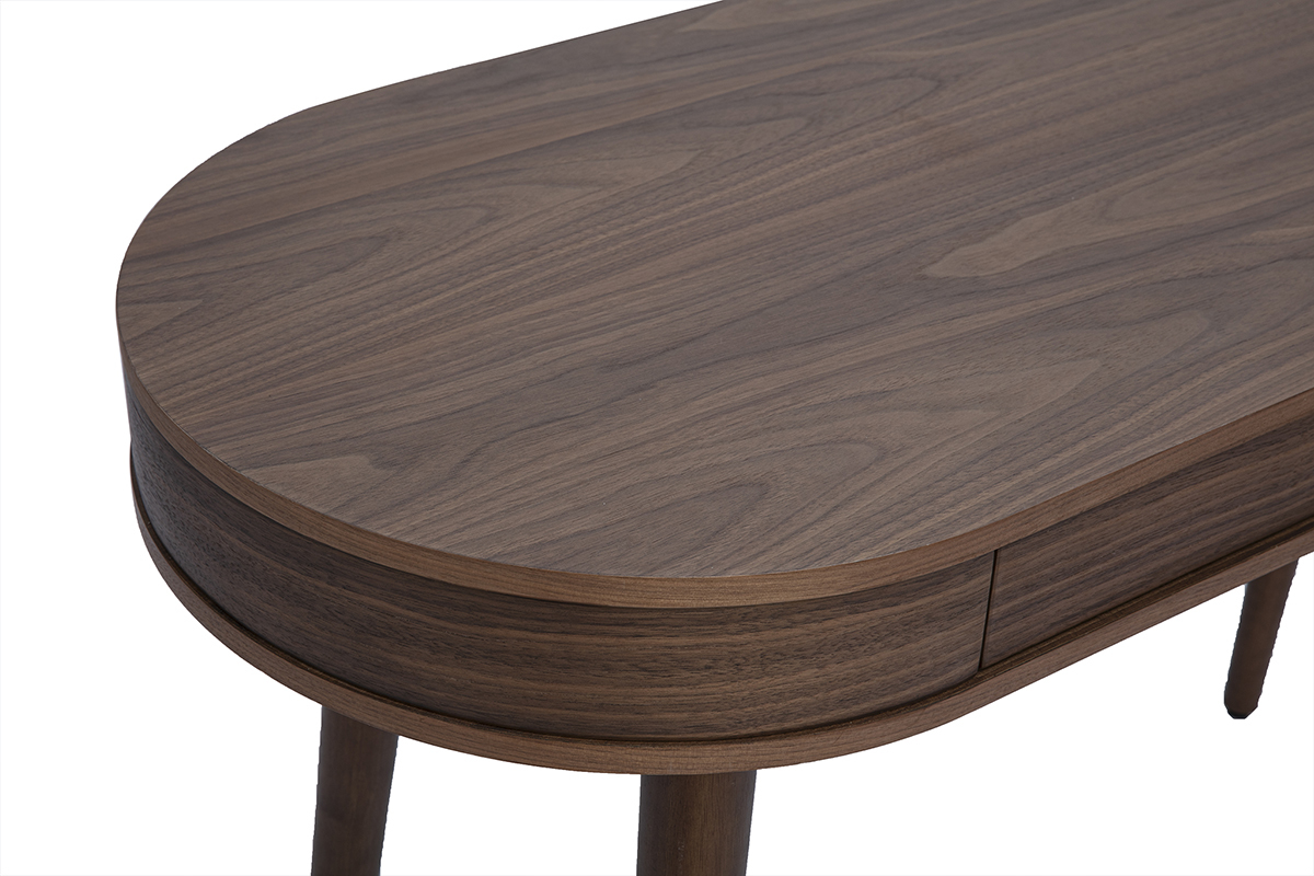 Scrivania in legno scuro, piano ovale e cassetto, vista ingrandita.