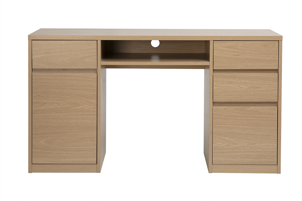 Bureau in legno chiaro di quercia con tre cassetti e una porta, vista frontale.