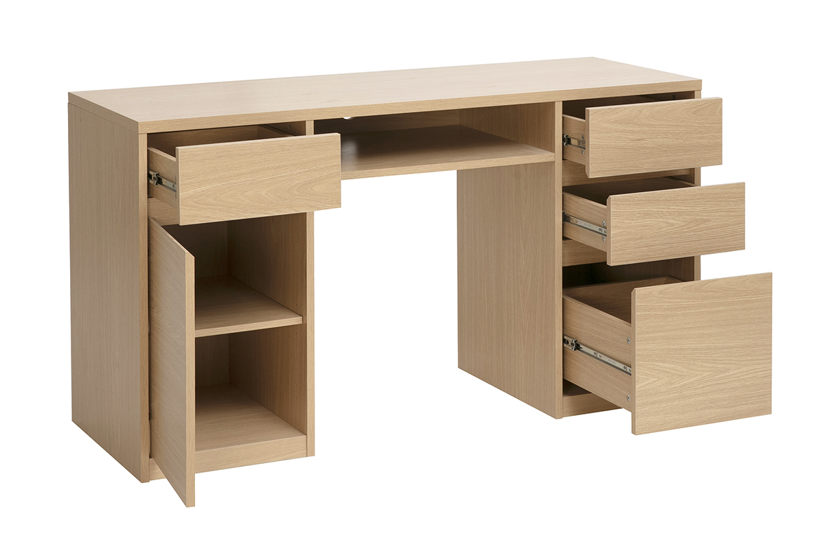 Scrivania JEREMIAH con vani contenitori, finitura in legno chiaro quercia, vista a 3/4 con cassetti aperti e anta.