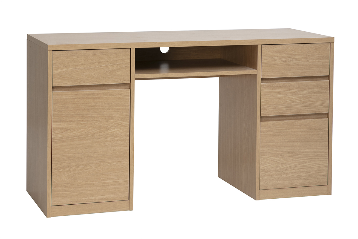 Bureau JEREMIAH finitura effetto legno rovere chiaro L140 cm con vani contenitori e nicchia centrale, vista a 3/4.