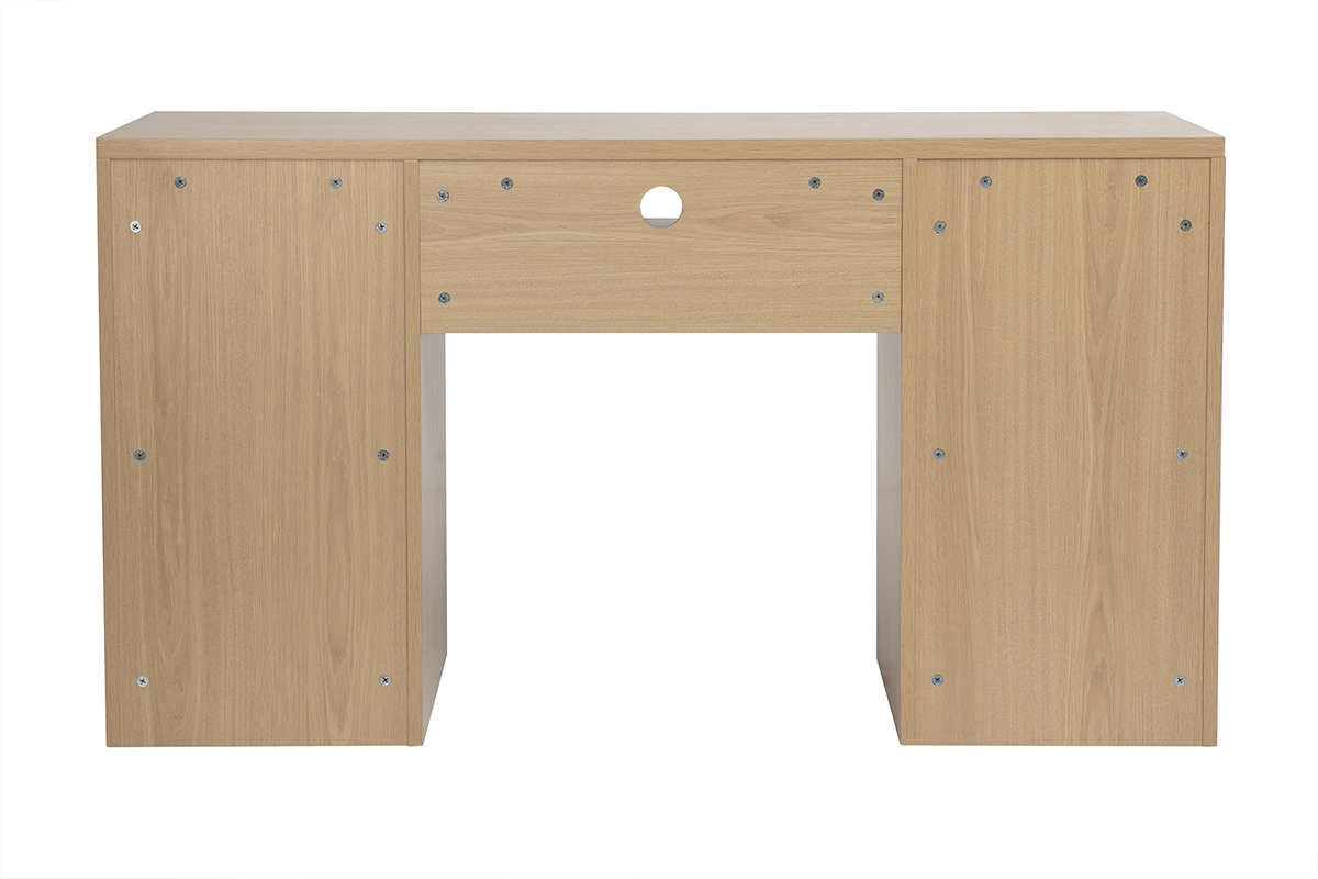 Scrivania con contenitori finitura legno chiaro rovere, vista posteriore, inclusi un cassetto e due ante.