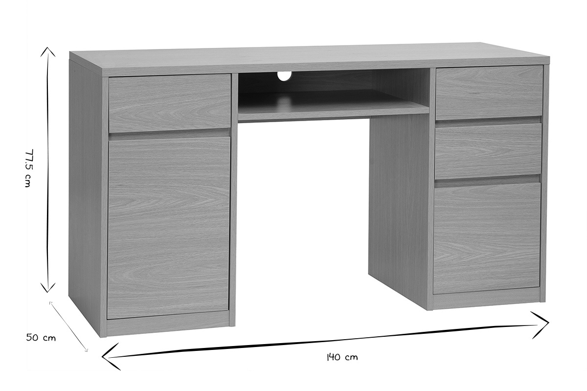 Dimensioni della scrivania JEREMIAH: 140 cm di larghezza, 50 cm di profondit�, 77,5 cm di altezza, in nero e bianco.
