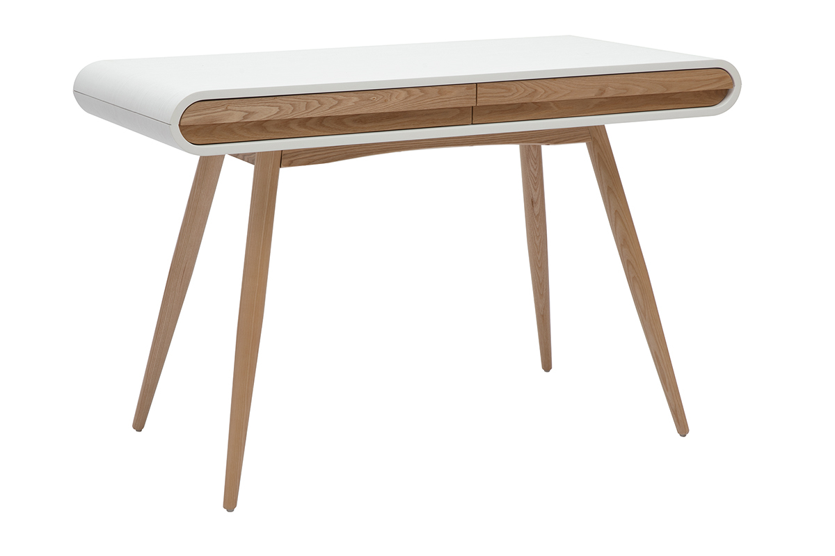 Scrivania scandinava in legno chiaro e bianco con 2 cassetti, vista da 3/4.