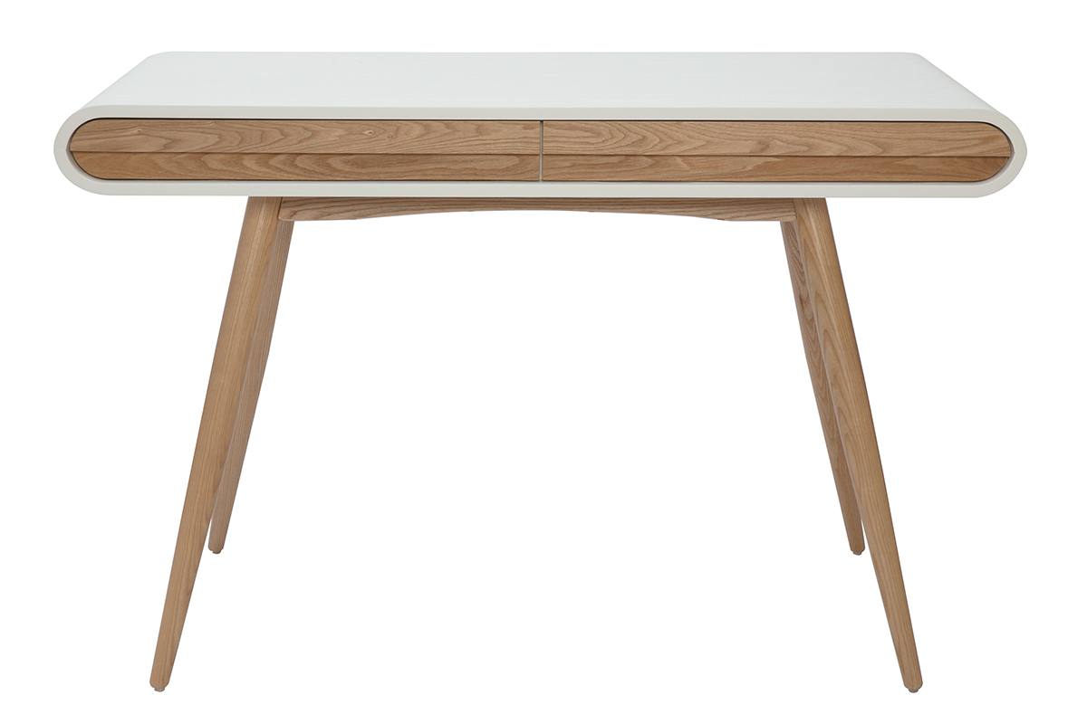 Scrivania scandinava in legno chiaro e bianco con 2 cassetti vista di fronte.