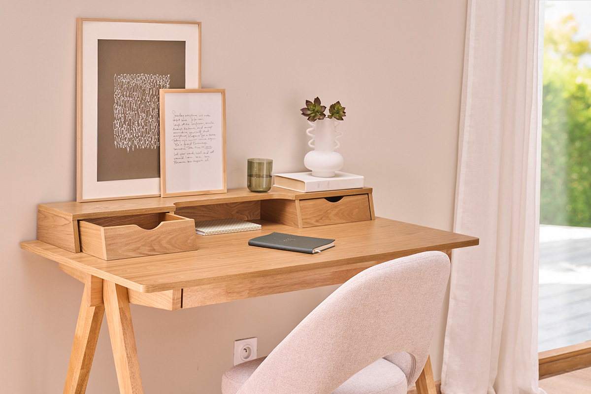Scrivania con scomparti legno chiaro L120 cm PULITO
