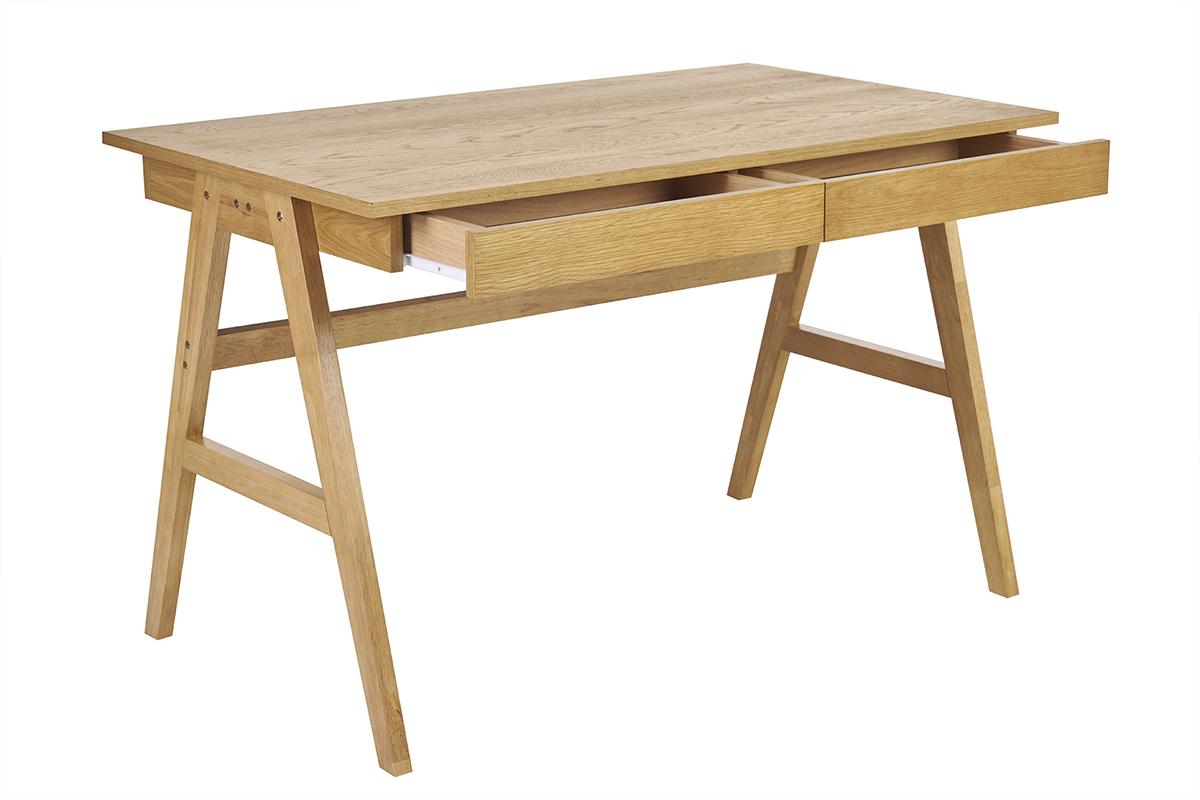 Scrivania design con spazi di archiviazione 2 cassetti in legno chiaro di hevea L120 cm BROOK
