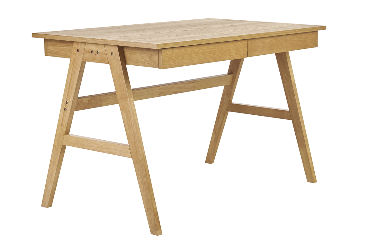 Scrivania design con spazi di archiviazione 2 cassetti in legno chiaro di hevea L120 cm BROOK