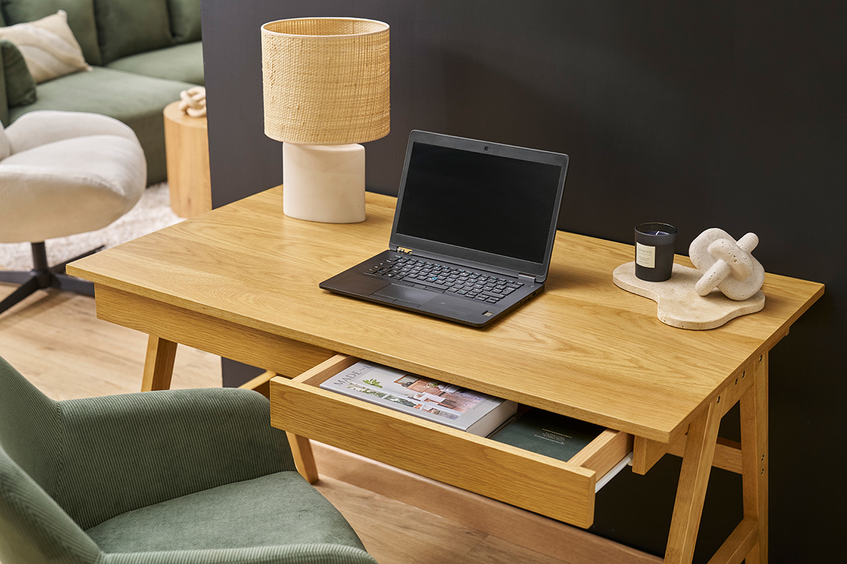 Scrivania design con spazi di archiviazione 2 cassetti in legno chiaro di hevea L120 cm BROOK