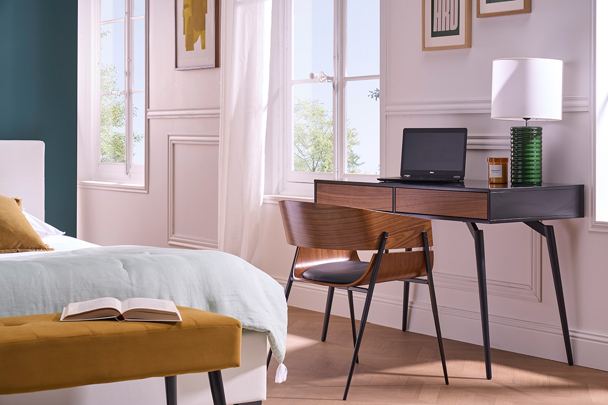 Scrivania design nero opaco e impiallacciatura noce TRIPOLI