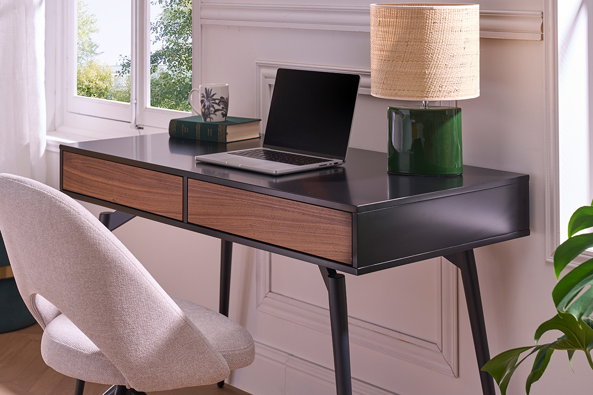Scrivania design nero opaco e impiallacciatura noce TRIPOLI