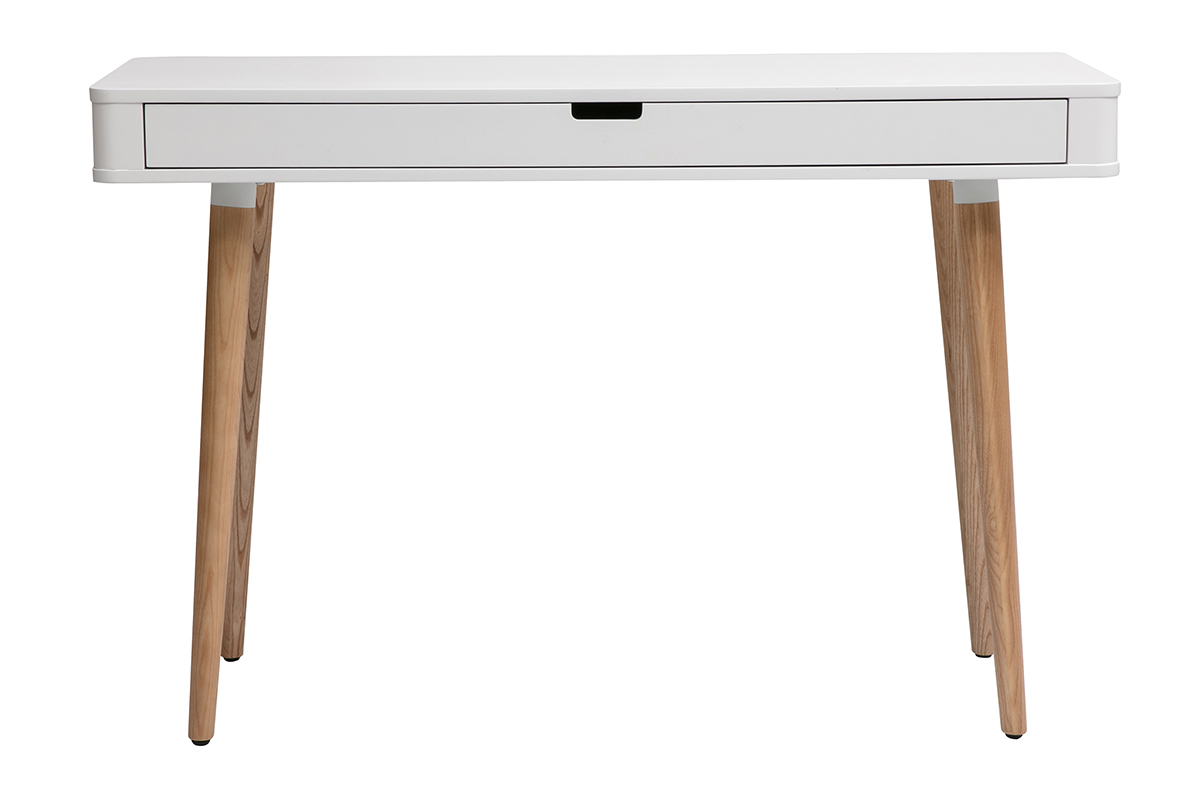 Scrivania scandinava bianca con cassetto e gambe in quercia, vista frontale.