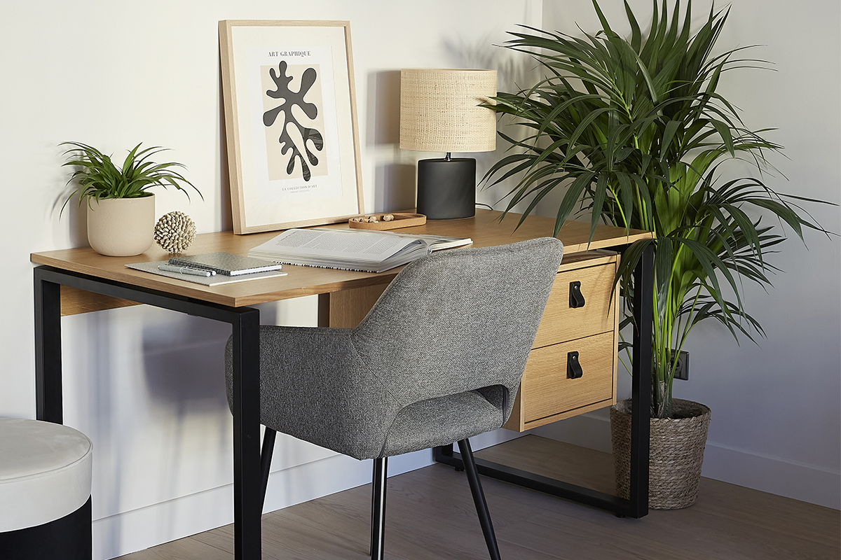 Scrivania impiallacciatura rovere e metallo nero con cassettiera L 160 cm OPAL
