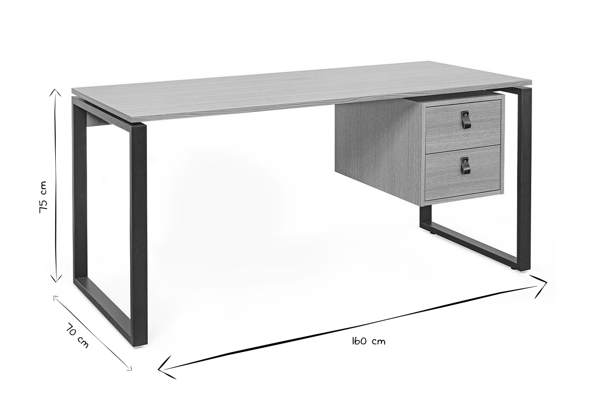 Scrivania impiallacciatura rovere e metallo nero con cassettiera L 160 cm OPAL