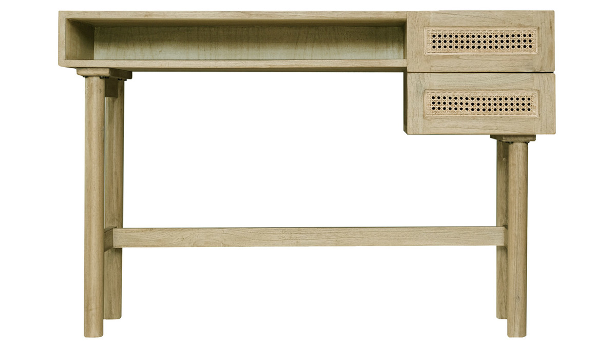 Scrivania in legno chiaro con scomparto e cassetti in paglia di Vienna rattan L120 cm GALINA