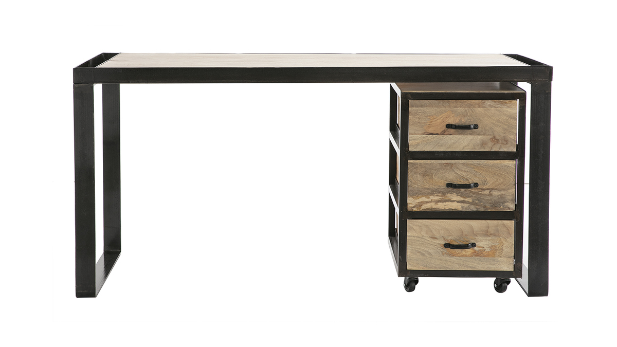 Scrivania industriale con cassettiera mobile in legno massello di mango  L156 cm INDUSTRIA - Miliboo