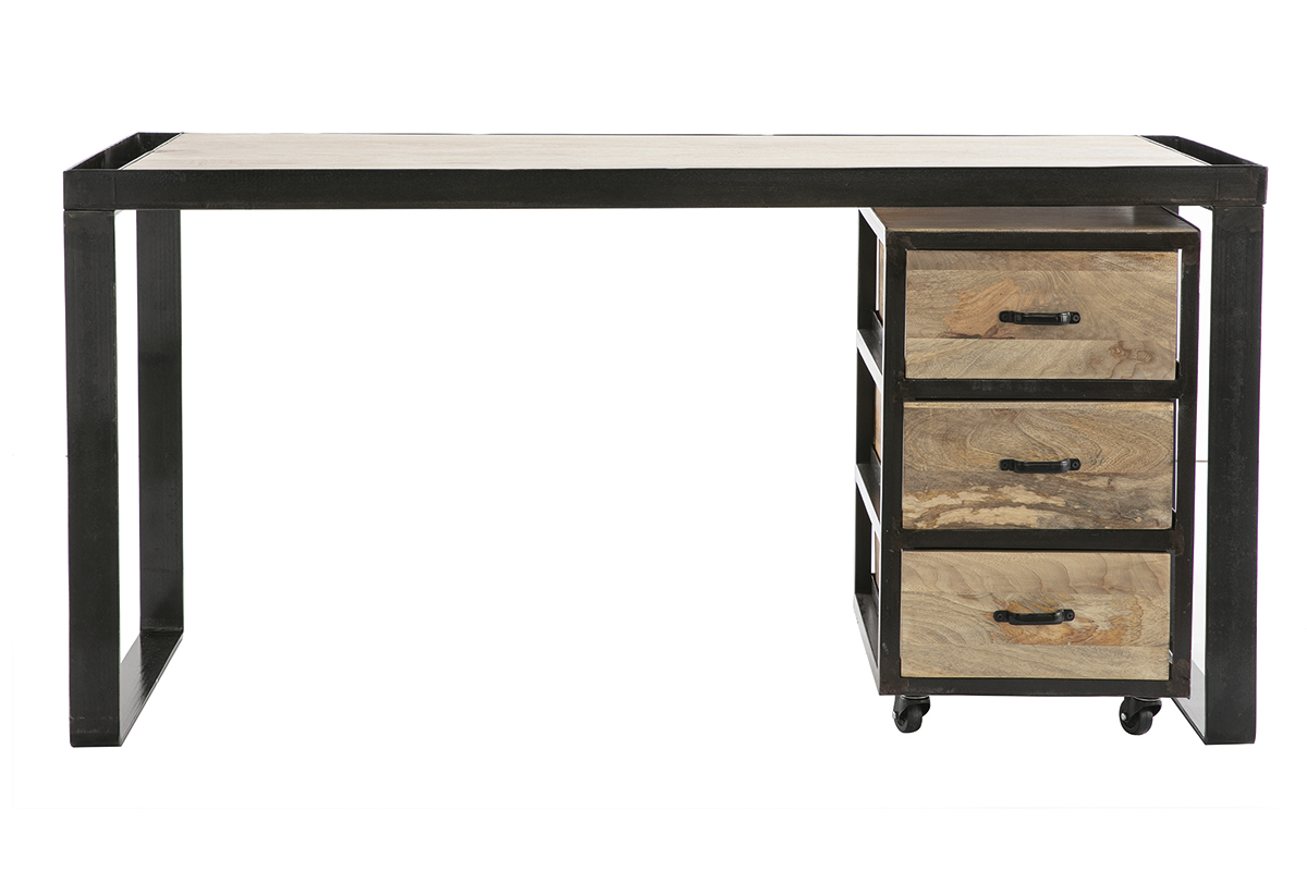 Scrivania industriale con cassettiera mobile in legno massello di mango L156 cm INDUSTRIA