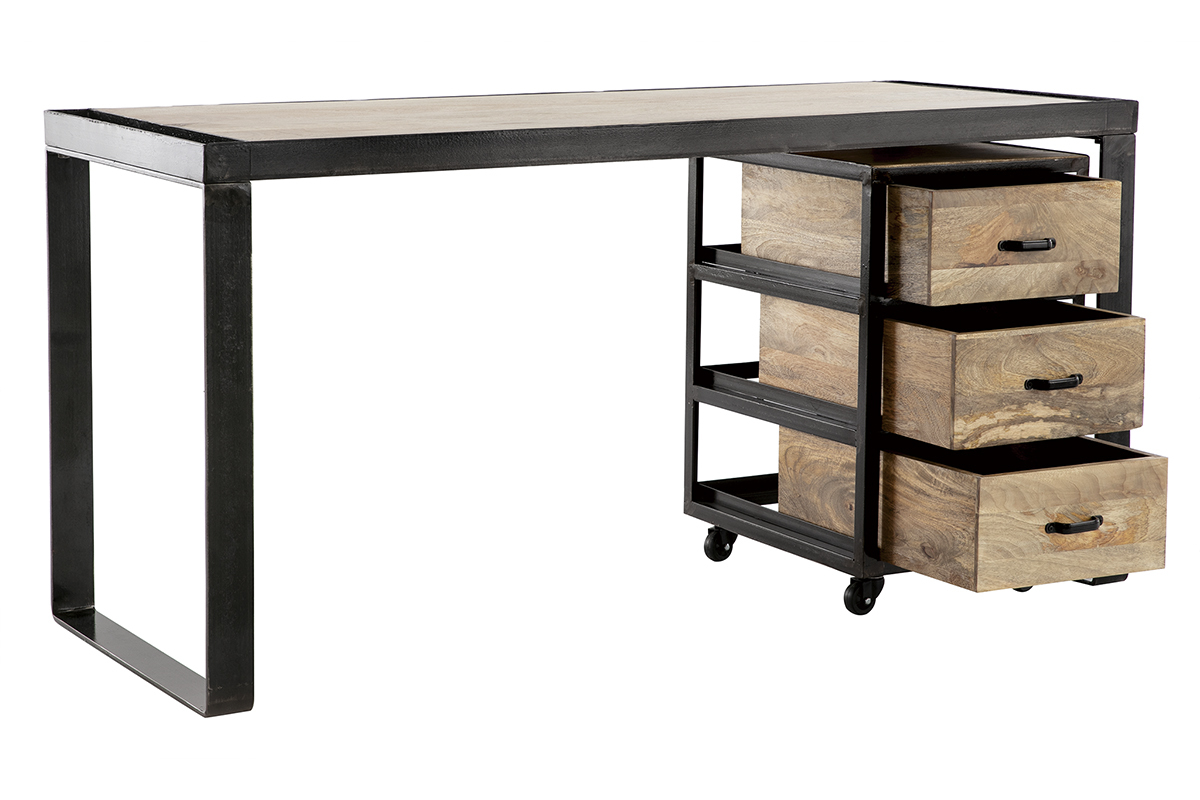 Scrivania industriale con cassettiera mobile in legno massello di mango L156 cm INDUSTRIA