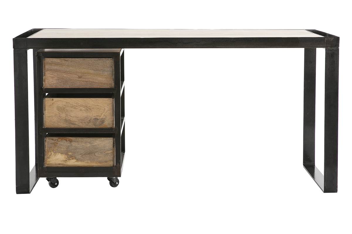 Scrivania industriale con cassettiera mobile in legno massello di mango L156 cm INDUSTRIA