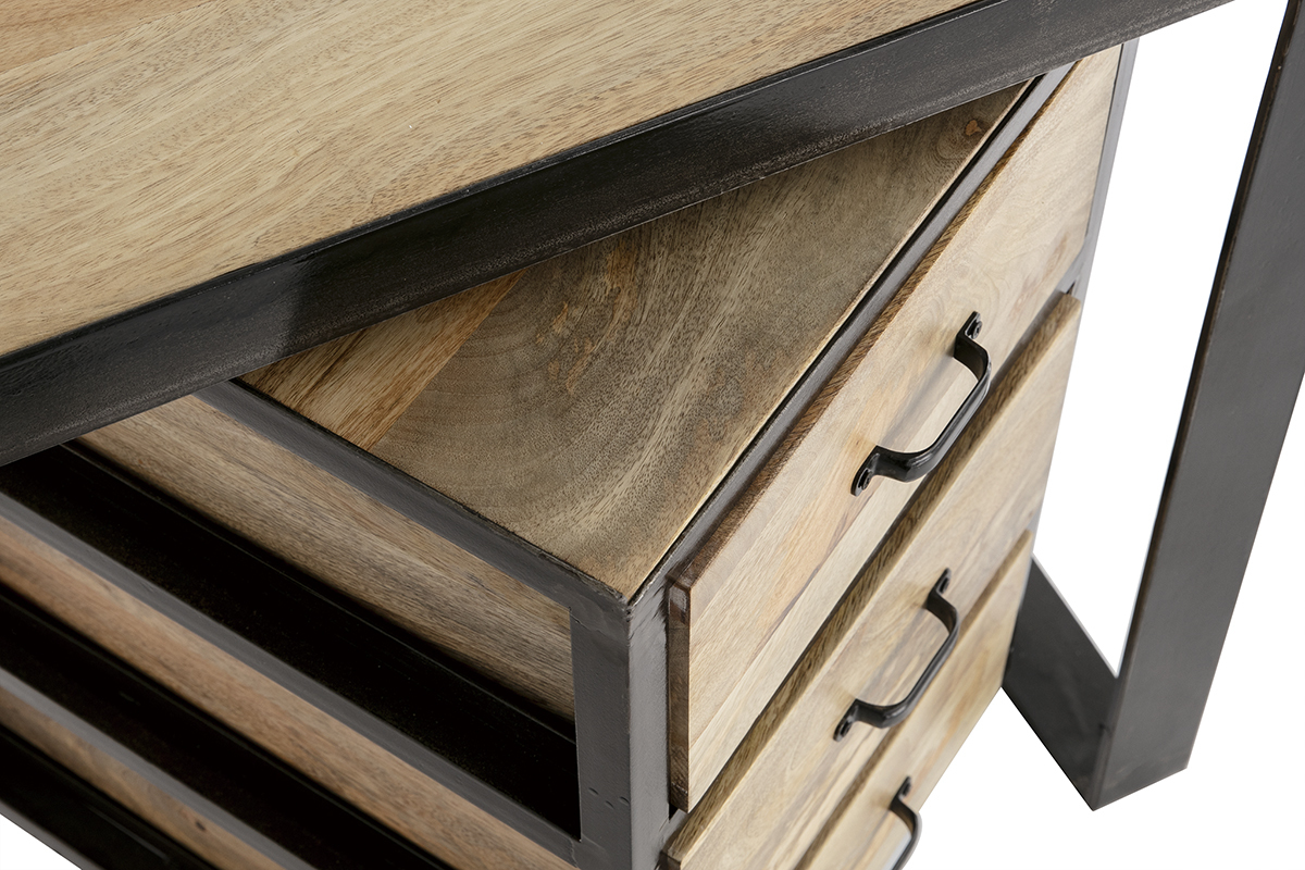 Scrivania industriale con cassettiera mobile in legno massello di mango L156 cm INDUSTRIA