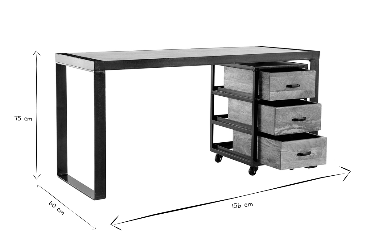 Scrivania industriale con cassettiera mobile in legno massello di mango L156 cm INDUSTRIA