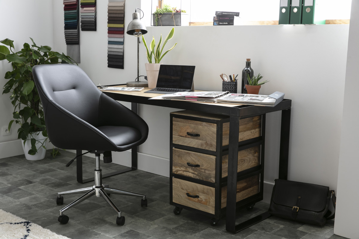 Scrivania industriale con cassettiera mobile in legno massello di mango L156 cm INDUSTRIA
