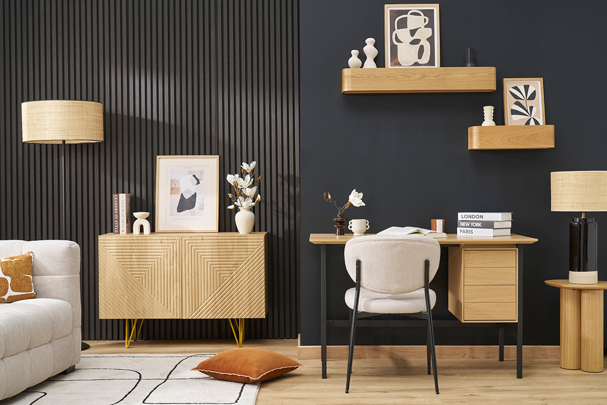 Scrivania industriale in finitura legno di quercia e metallo nero con 2 cassetti L120 cm MAXENCE