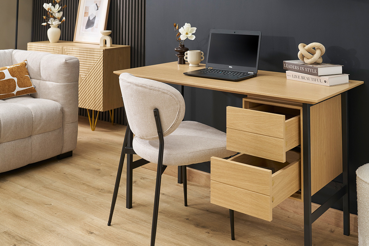 Scrivania industriale in finitura legno di quercia e metallo nero con 2 cassetti L120 cm MAXENCE