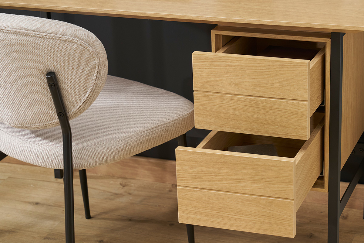 Scrivania industriale in finitura legno di quercia e metallo nero con 2 cassetti L120 cm MAXENCE