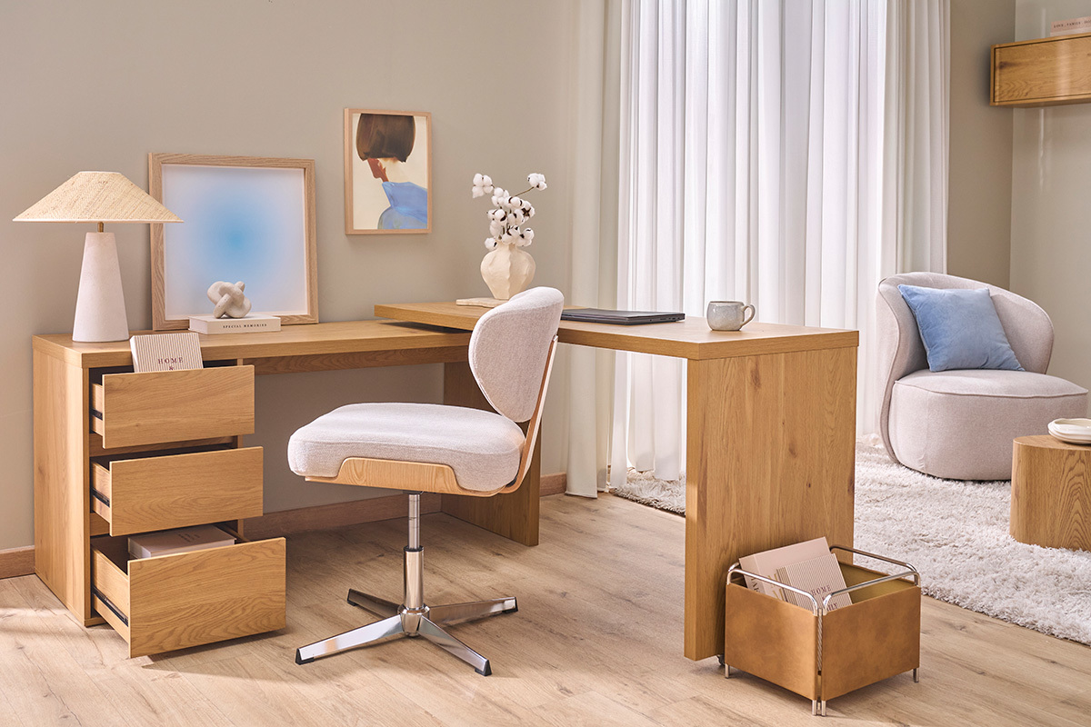 Scrivania modulabile con contenitori finitura legno chiaro rovere L153-269 cm MELVIN