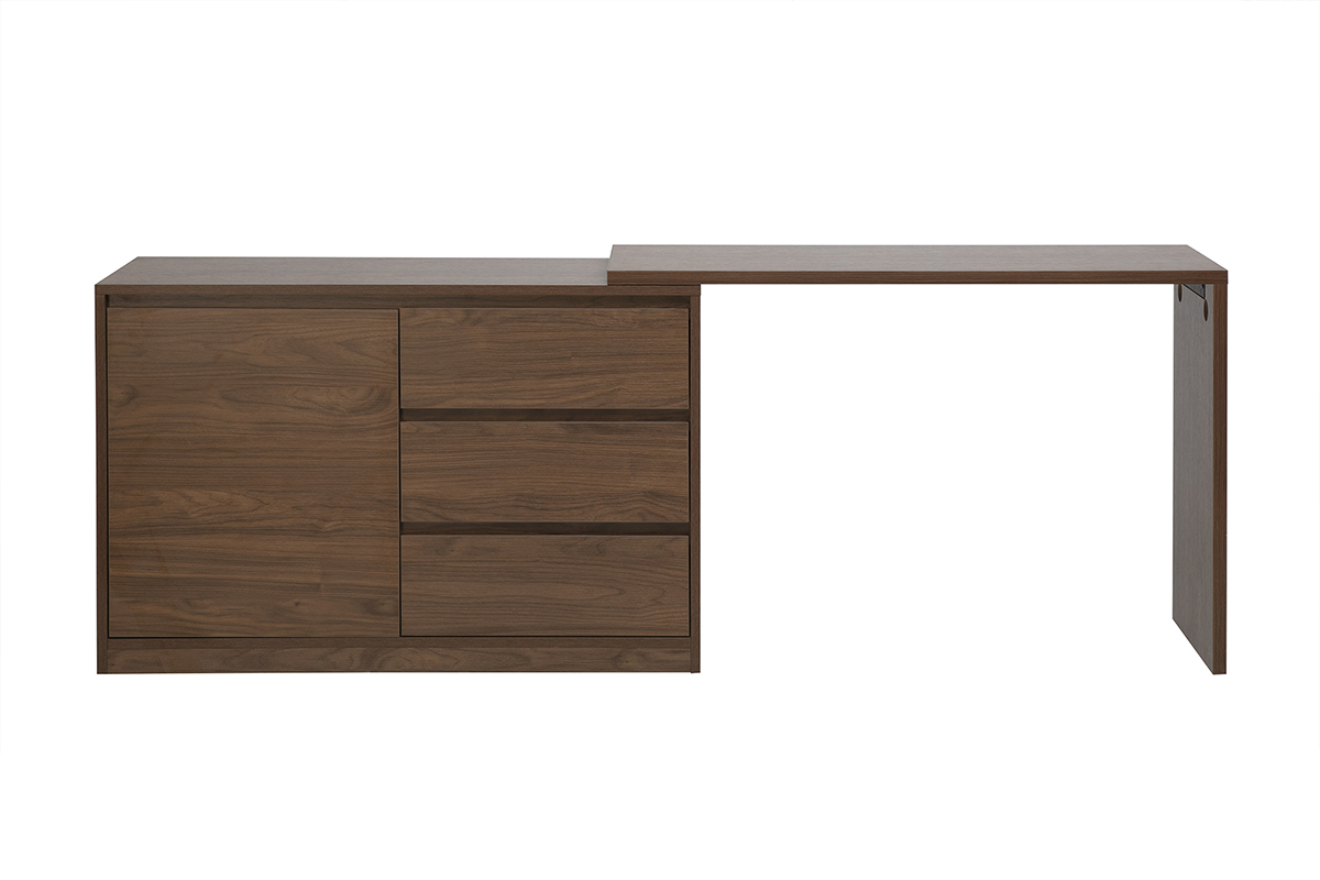 Scrivania modulabile in legno scuro noce, vista frontale con estensioni aperte.
