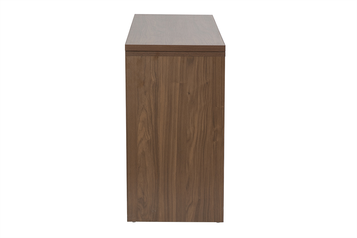 Vista di profilo della scrivania modulare finitura legno scuro noce, dimensioni L110-200,5 cm.