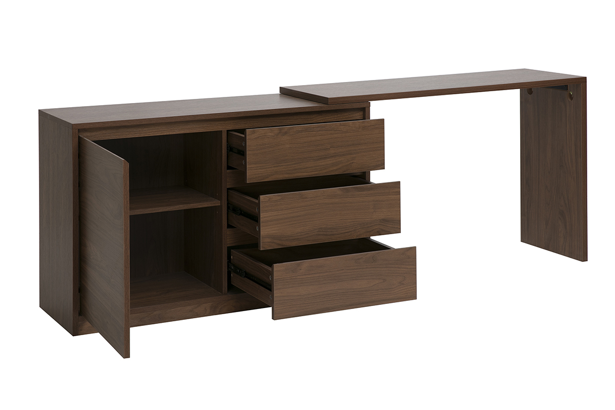 Scrivania modulare in legno scuro noce con estensione e vani portaoggetti aperti, vista in tre quarti.